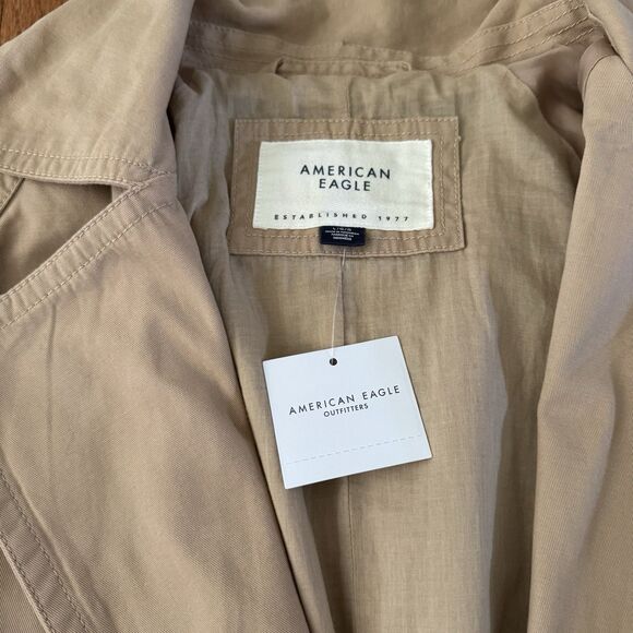 American Eagle Twill Long Trench Coat Women’s Large Belted Beige Jacket Preppy - Picture 6 of 16